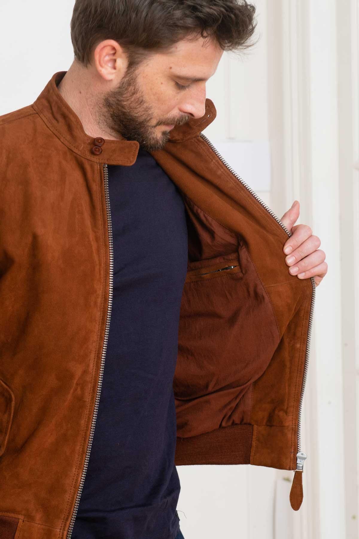 Cognac biker collar suede leather jacket - Image n°3