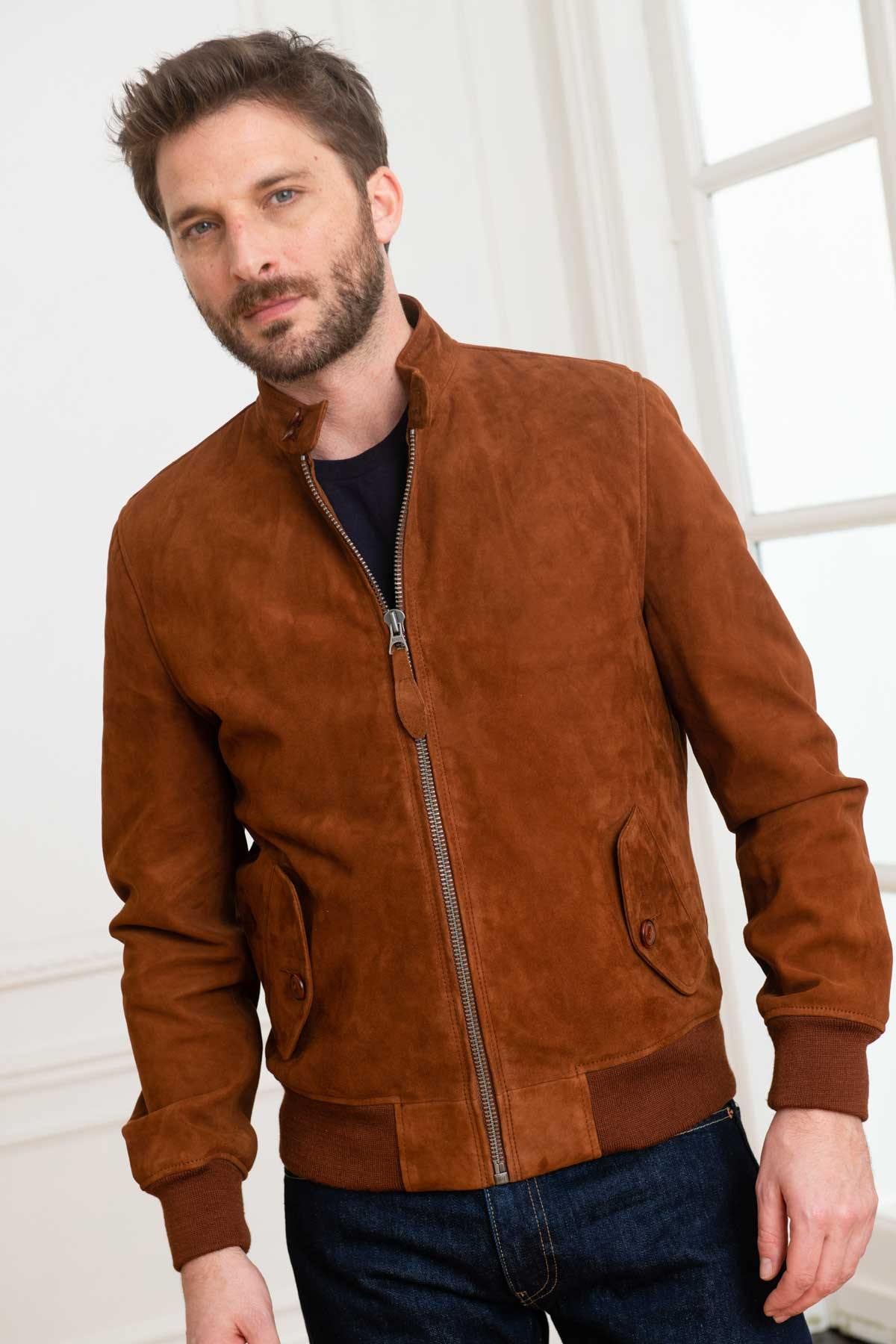 Cognac biker collar suede leather jacket - Image n°4