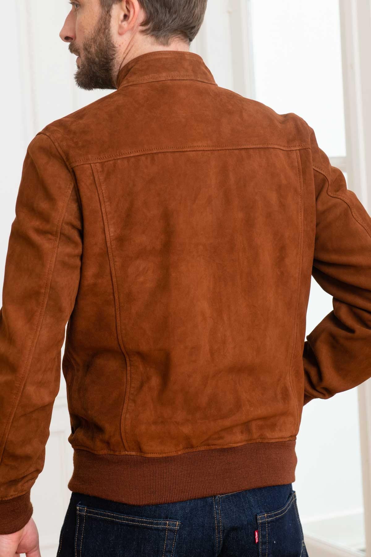 Cognac biker collar suede leather jacket - Image n°5