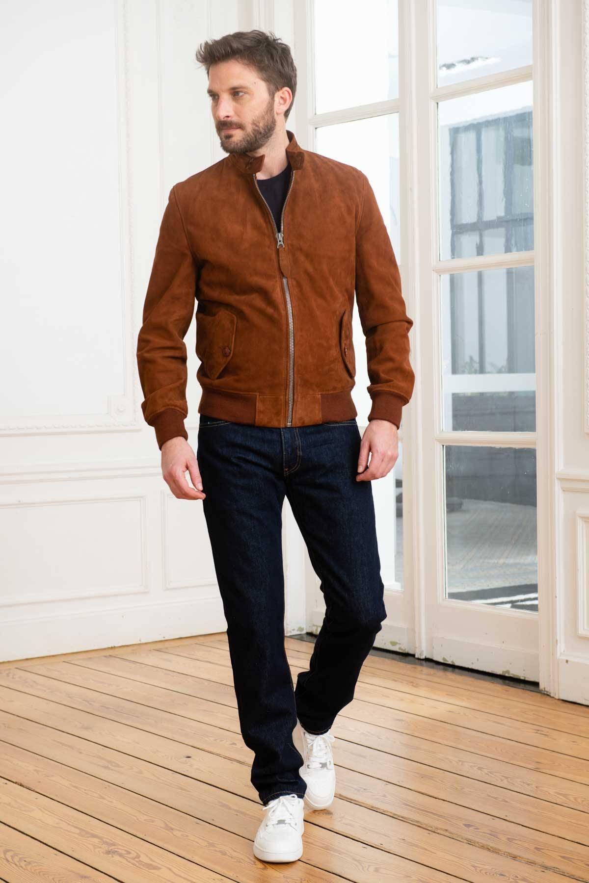 Cognac biker collar suede leather jacket - Image n°2