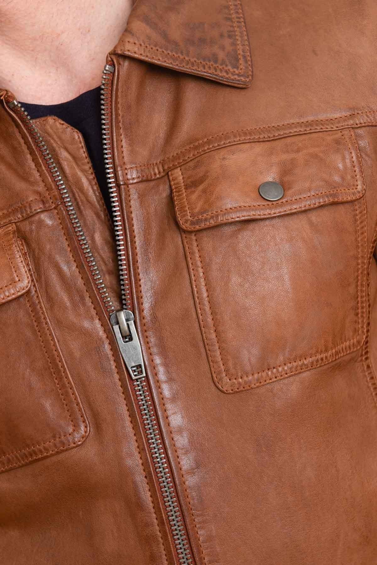 Brown leather jacket with shirt collar - Image n°6