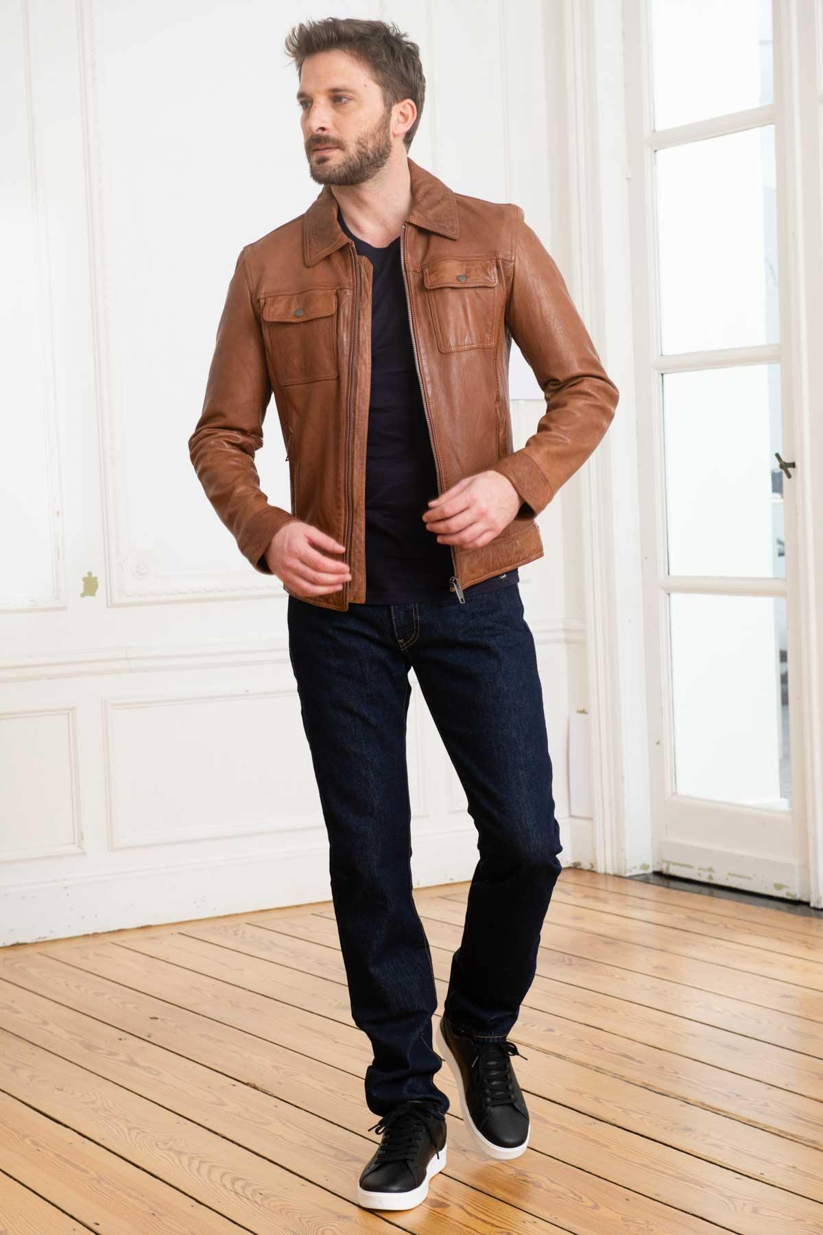 Brown leather jacket with shirt collar - Image n°2