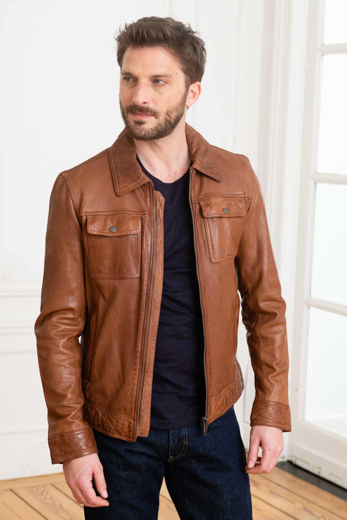 Brown leather jacket with shirt collar - Image n°1