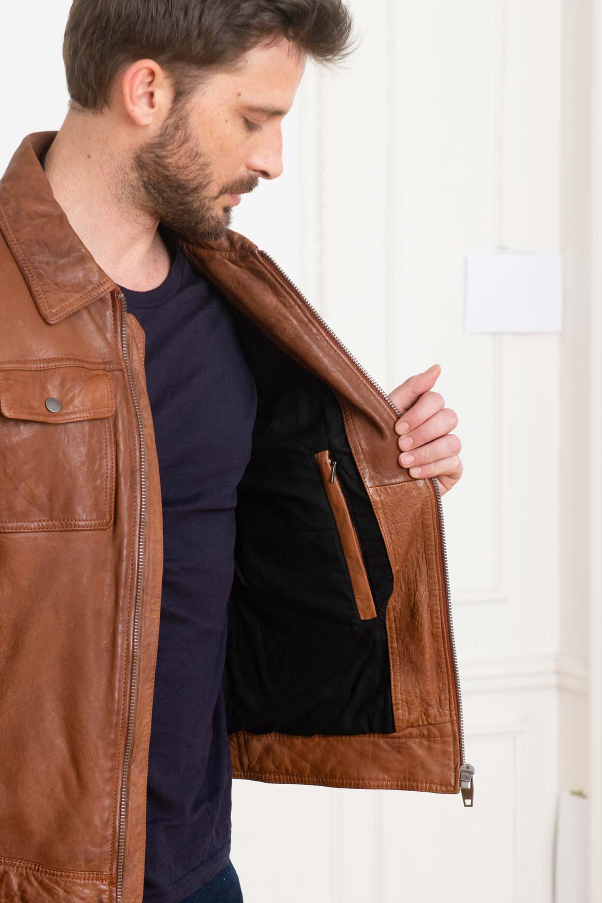 Brown leather jacket with shirt collar - Image n°3