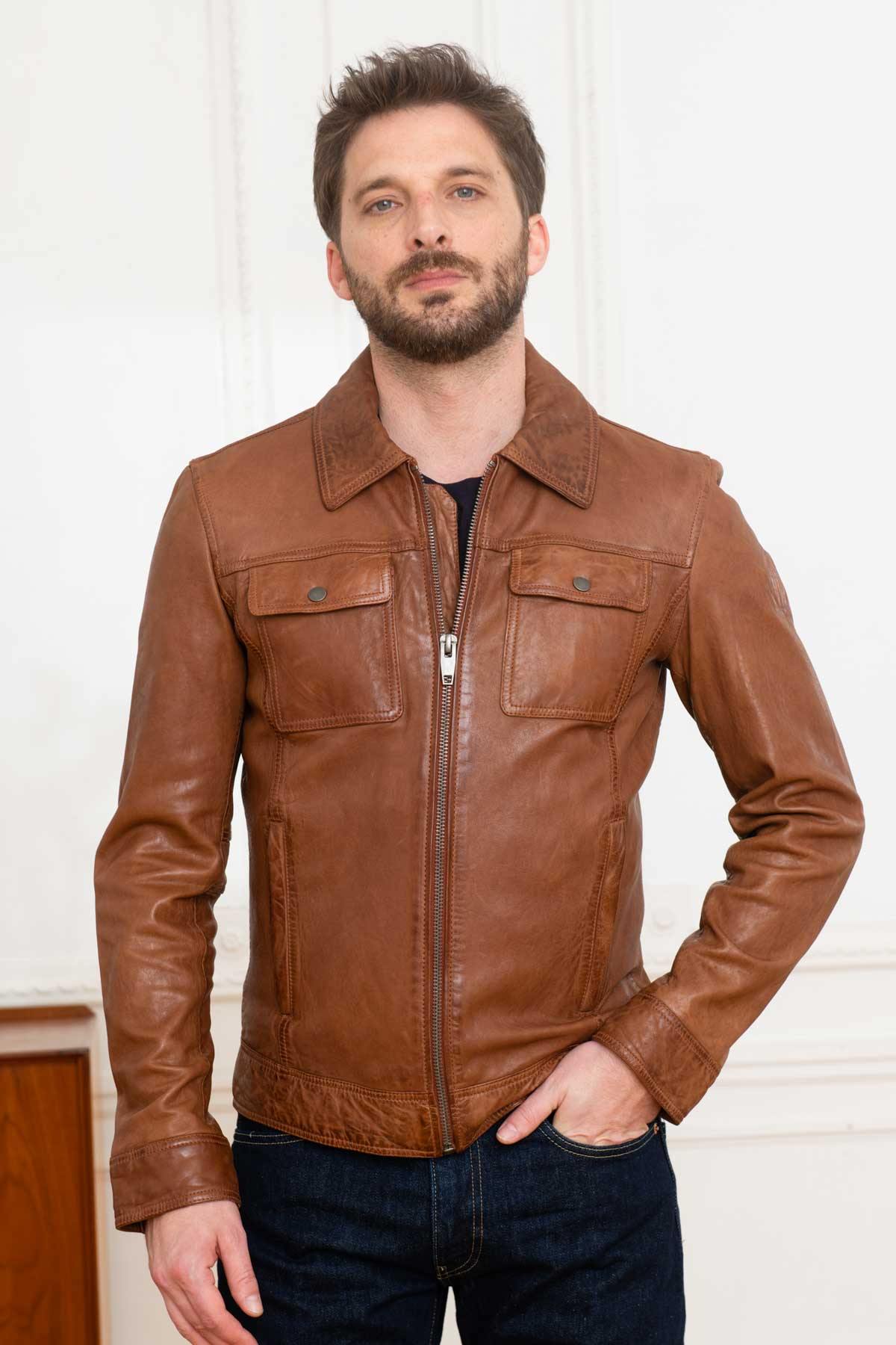 Brown leather jacket with shirt collar - Image n°4