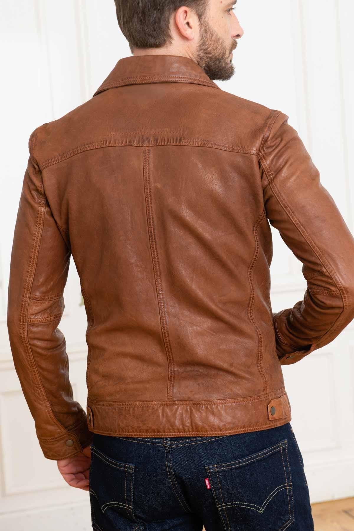 Brown leather jacket with shirt collar - Image n°5