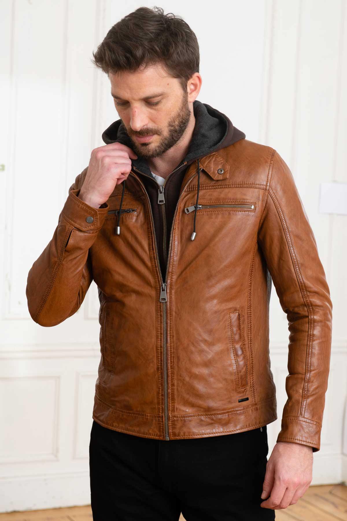 Camel hooded collar leather jacket - Image n°5