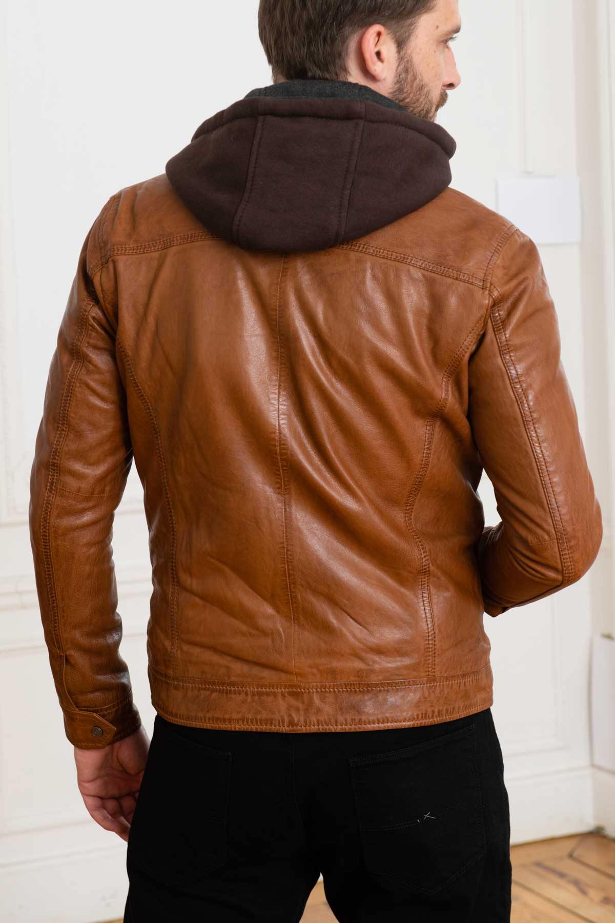 Camel hooded collar leather jacket - Image n°6