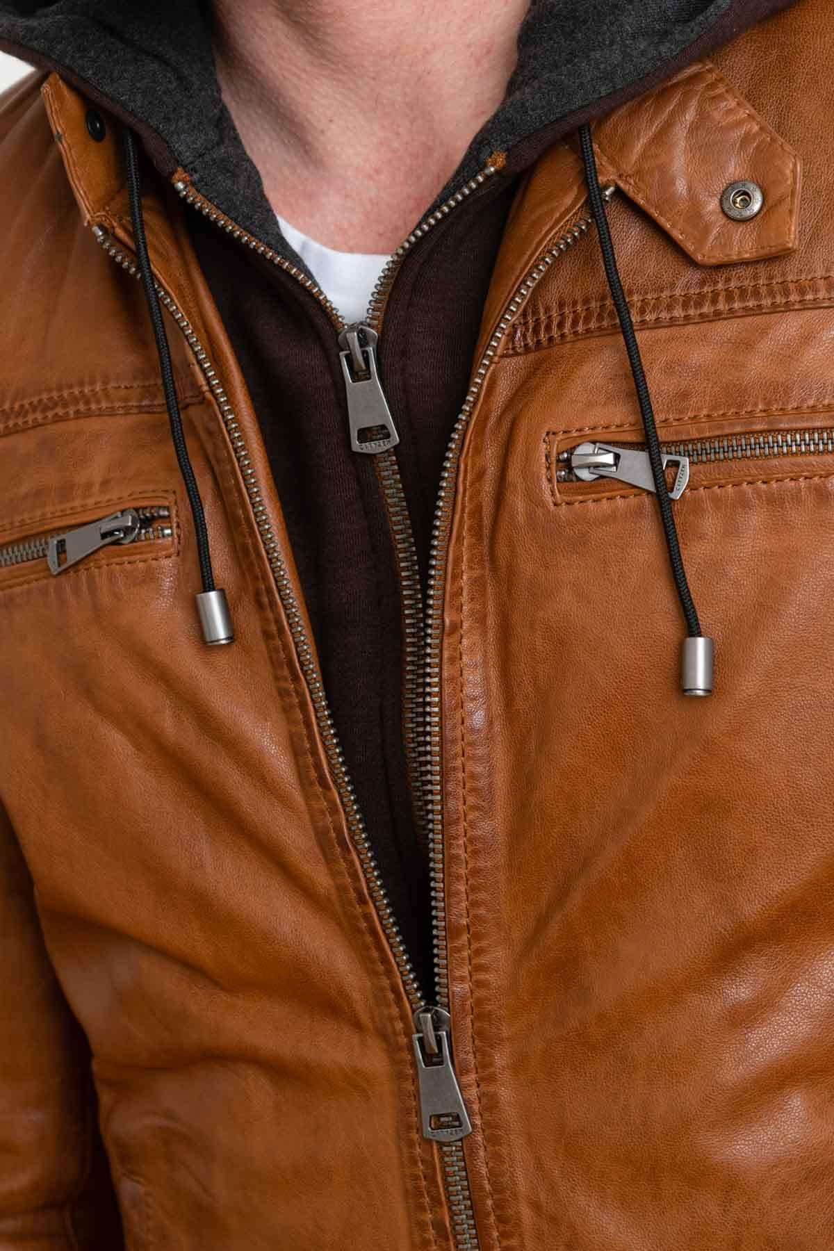 Camel hooded collar leather jacket - Image n°7