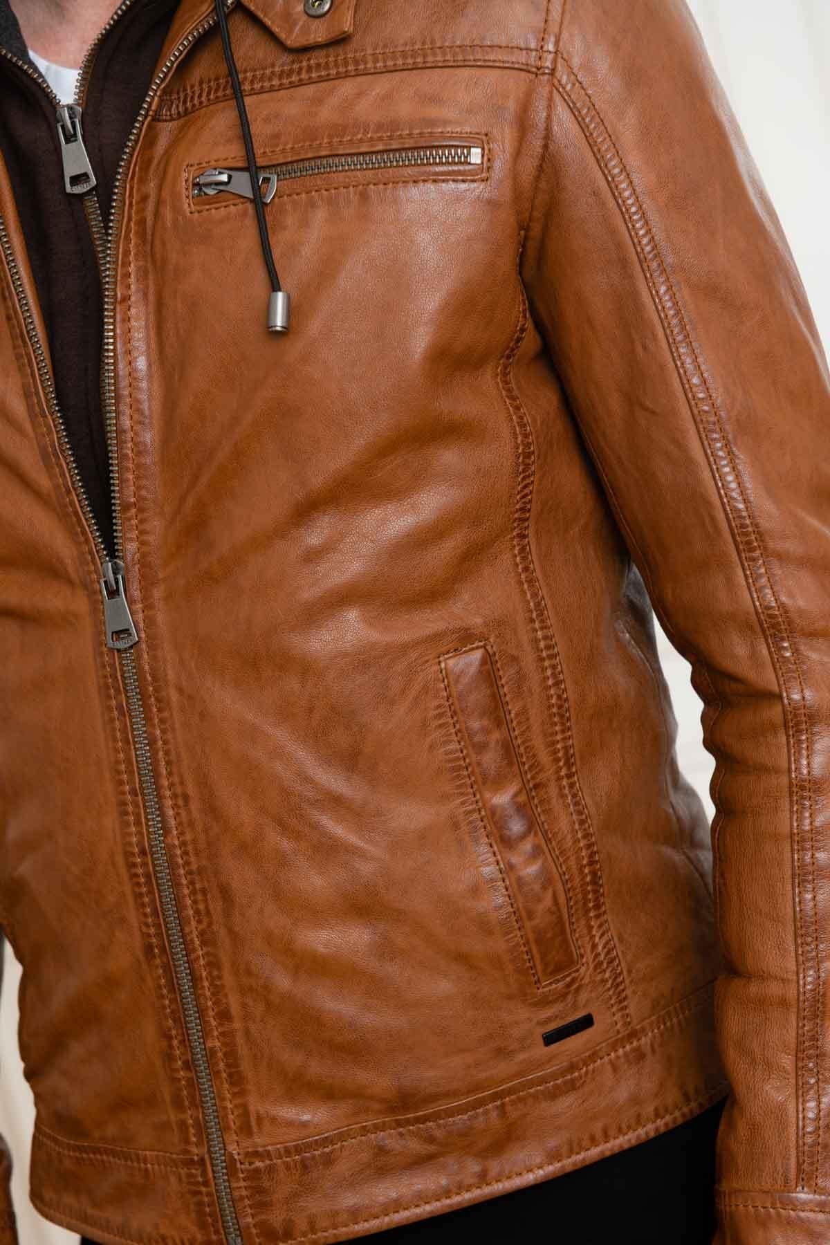 Camel hooded collar leather jacket - Image n°8