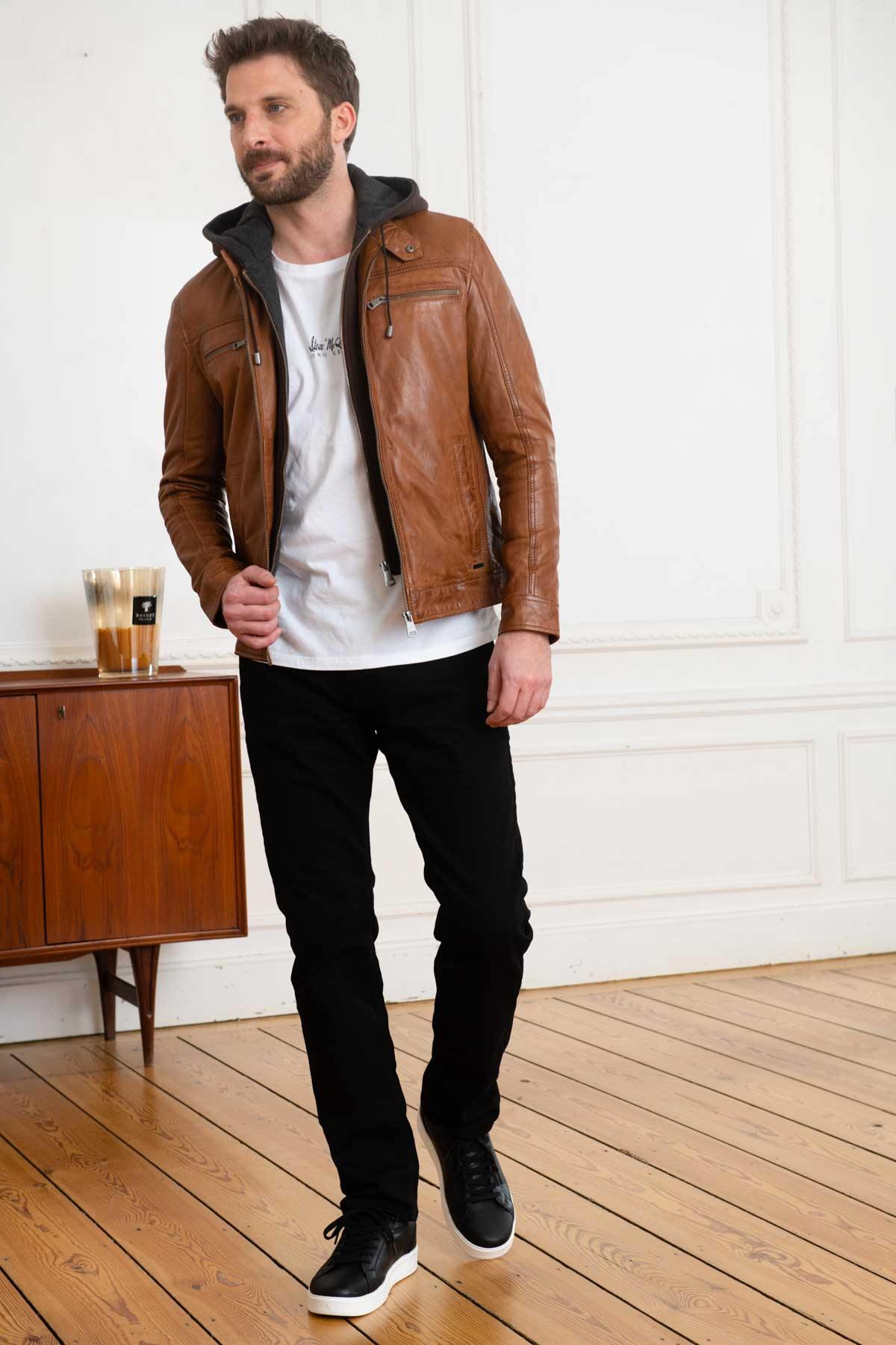 Camel hooded collar leather jacket - Image n°3