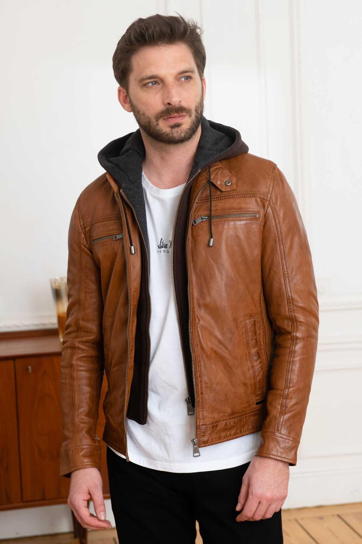 Camel hooded collar leather jacket - Image n°2