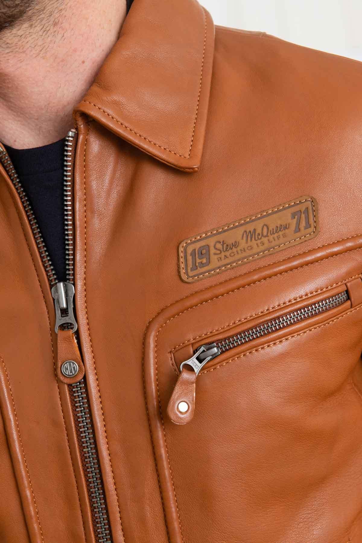 Steve McQueen red leather jacket with shirt collar - Image n°6