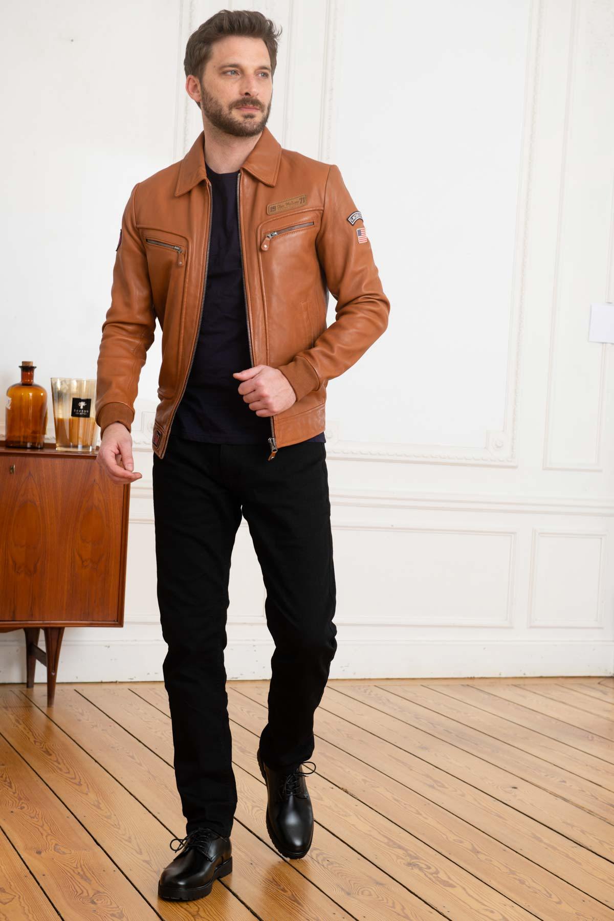 Steve McQueen red leather jacket with shirt collar - Image n°2