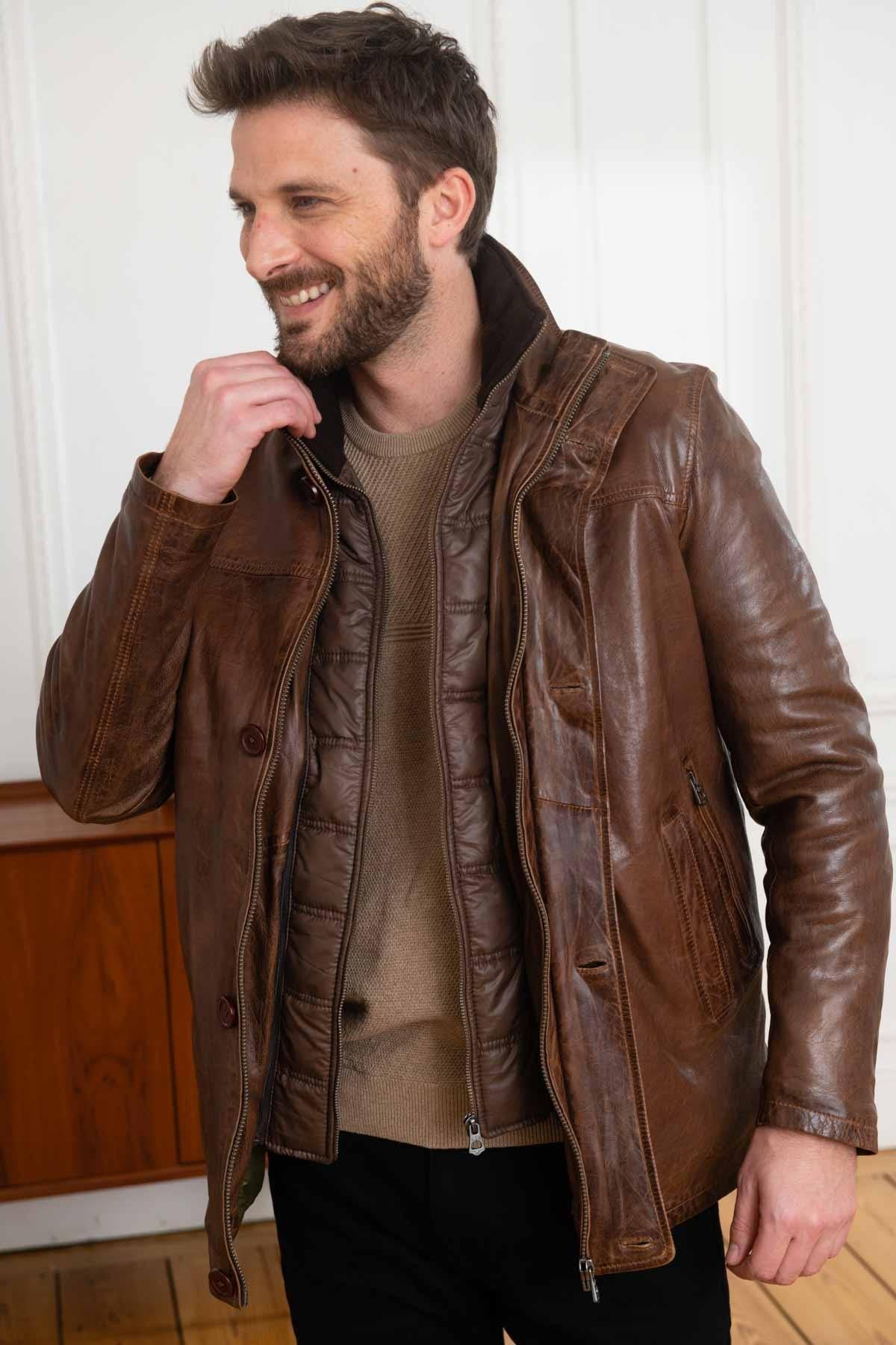 Bison-colored leather jacket with quilted lining - Image n°1