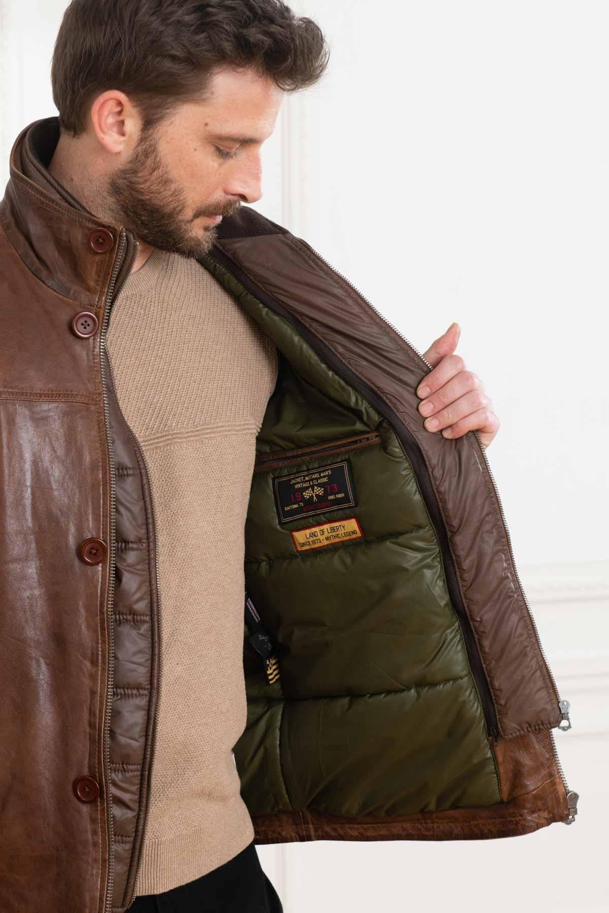 Bison-colored leather jacket with quilted lining - Image n°3