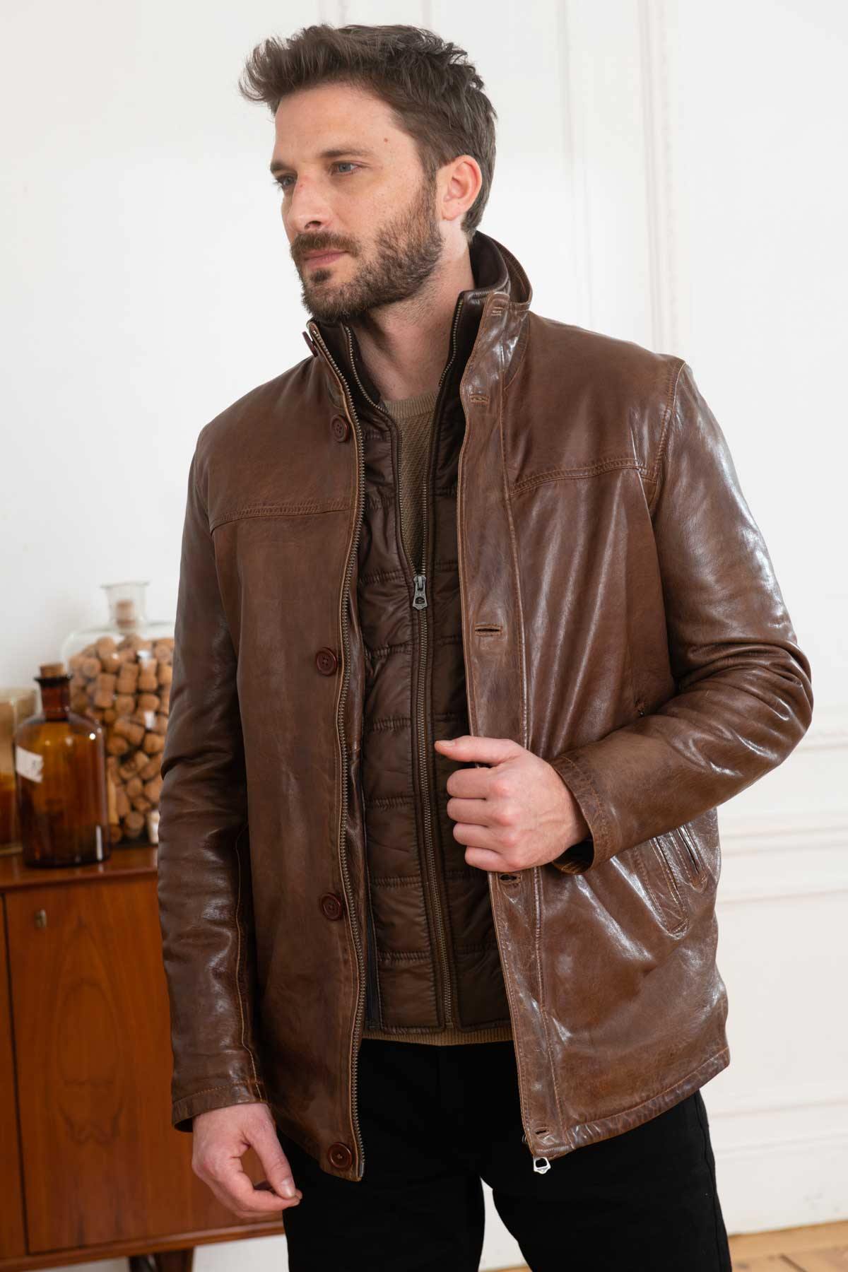 Bison-colored leather jacket with quilted lining - Image n°4