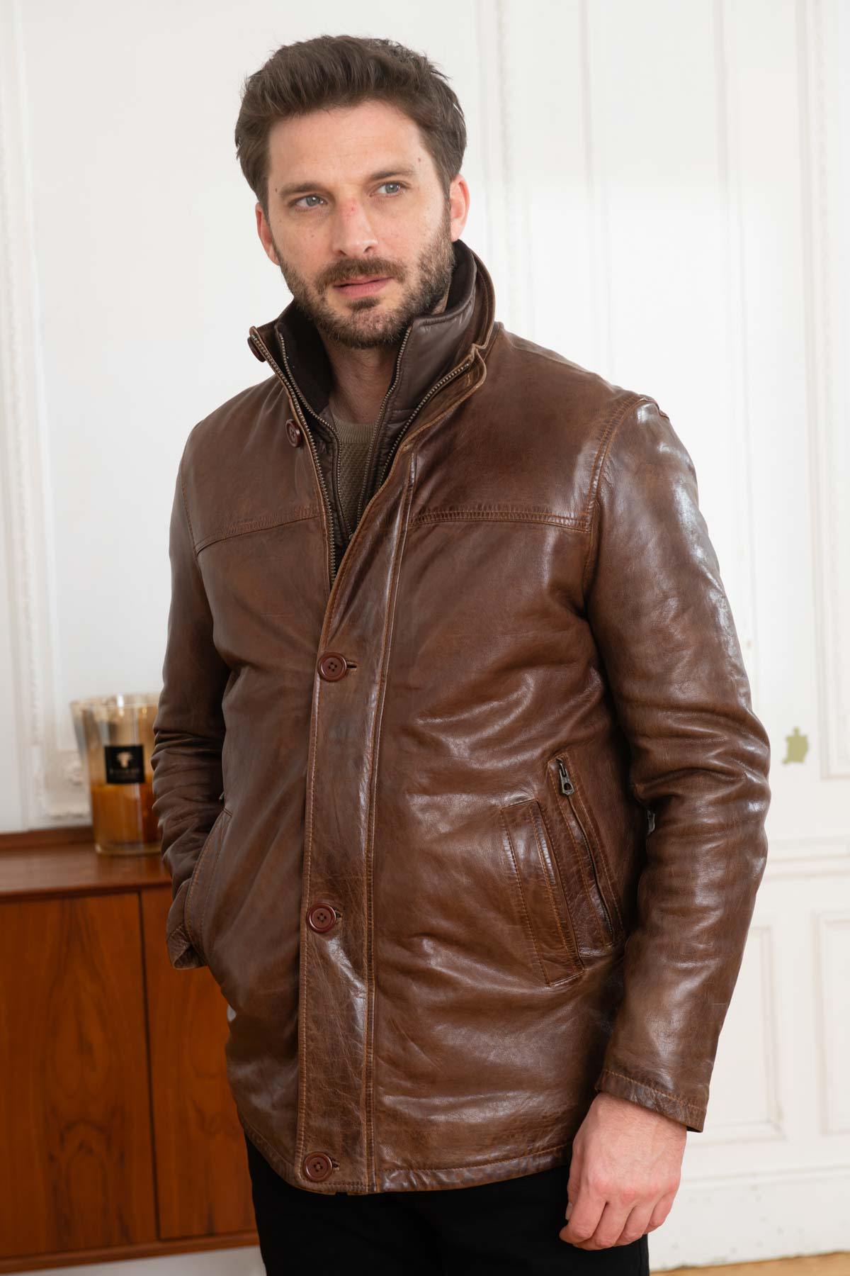 Bison-colored leather jacket with quilted lining - Image n°5