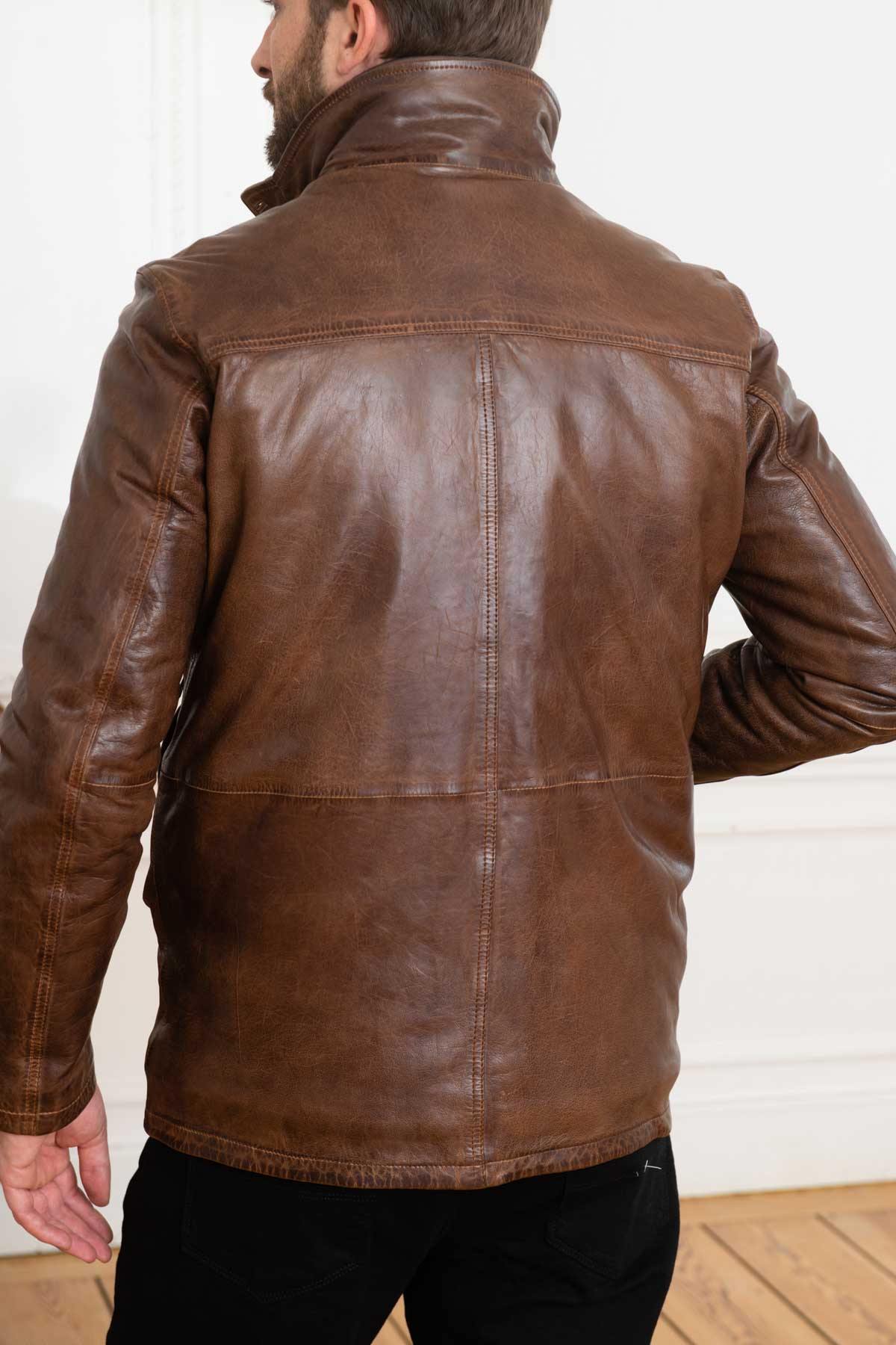 Bison-colored leather jacket with quilted lining - Image n°6