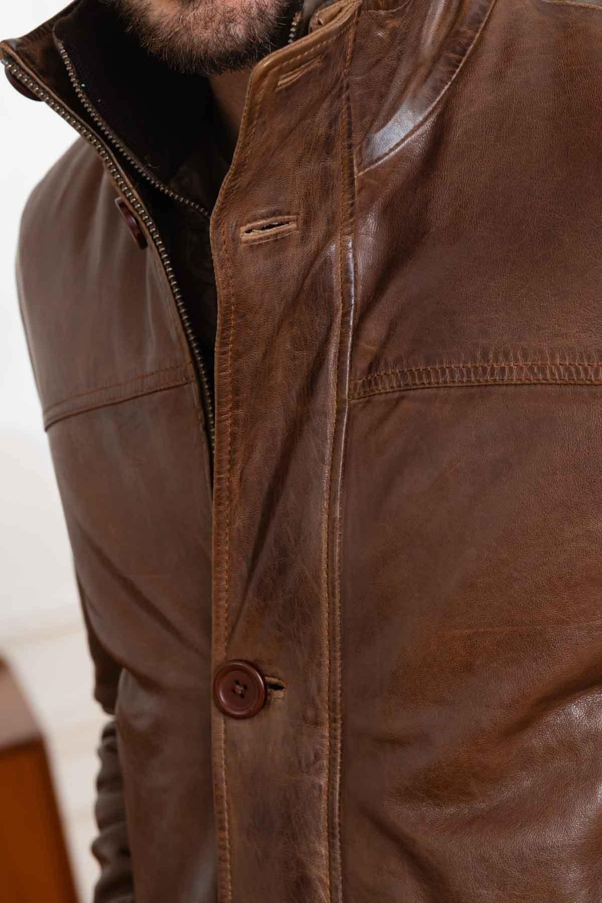 Bison-colored leather jacket with quilted lining - Image n°7