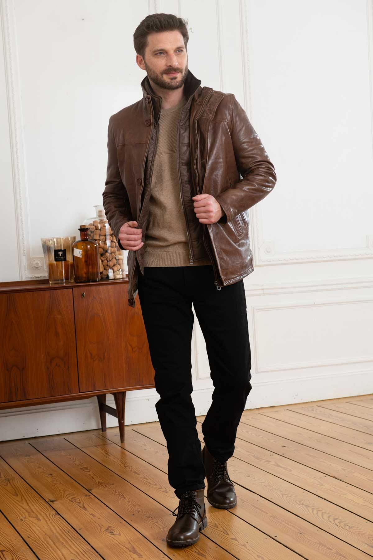 Bison-colored leather jacket with quilted lining - Image n°2