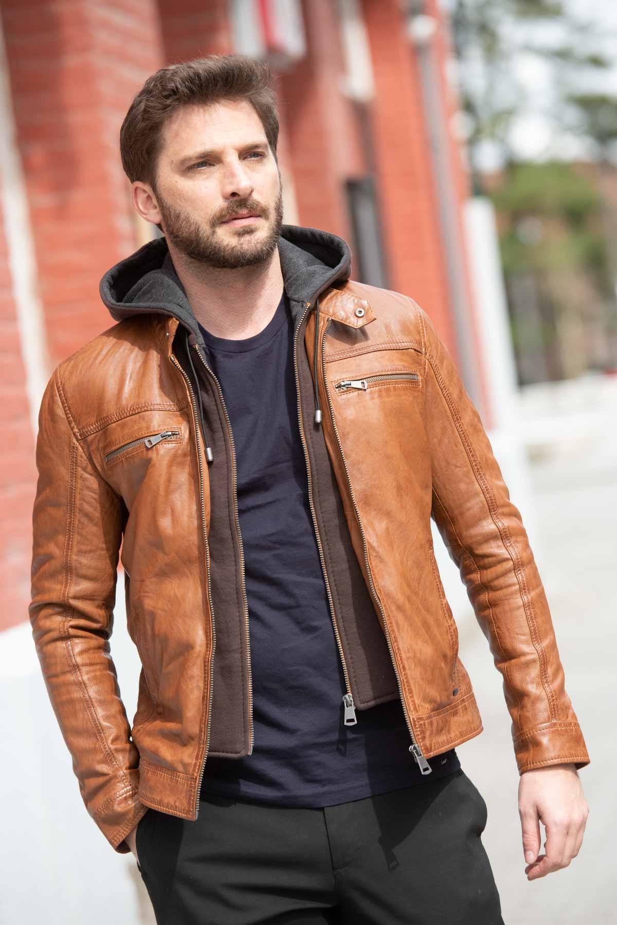 Camel hooded collar leather jacket - Image n°1