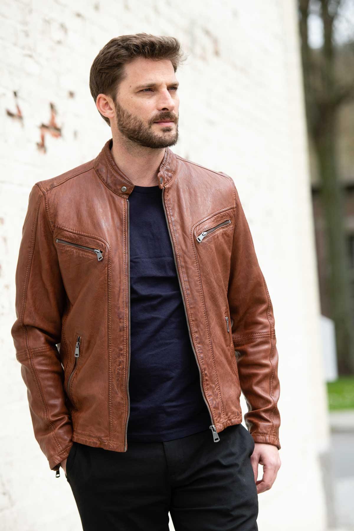 Cognac vegetable leather jacket with biker collar - Image n°1