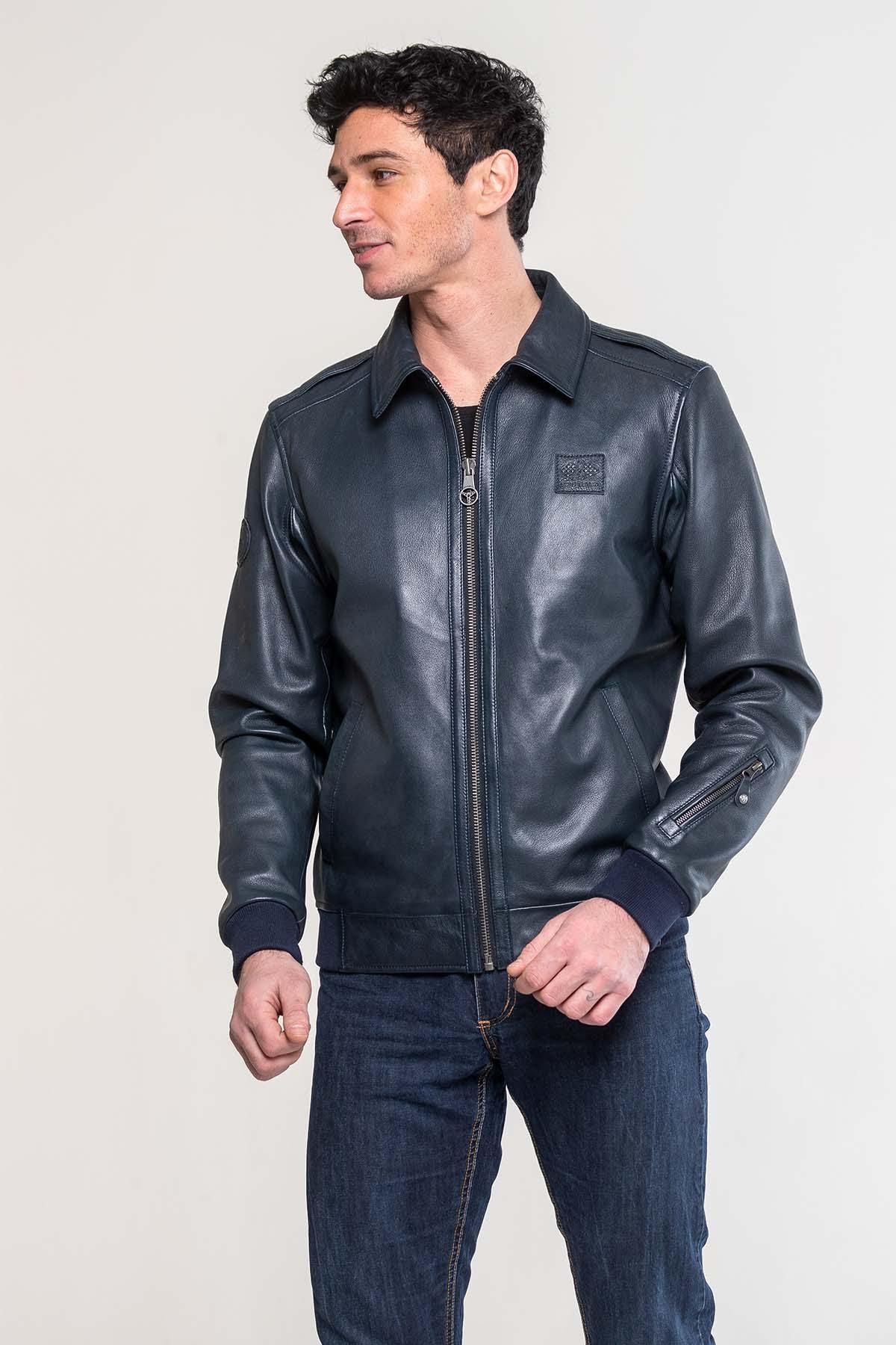 Jacky Ickx navy blue shirt collar sheepskin leather jacket - Image n°3