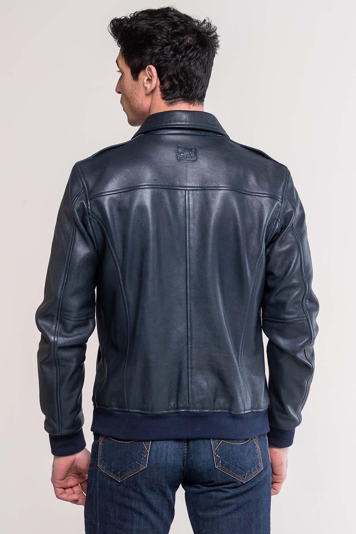 Jacky Ickx navy blue shirt collar sheepskin leather jacket - Image n°6