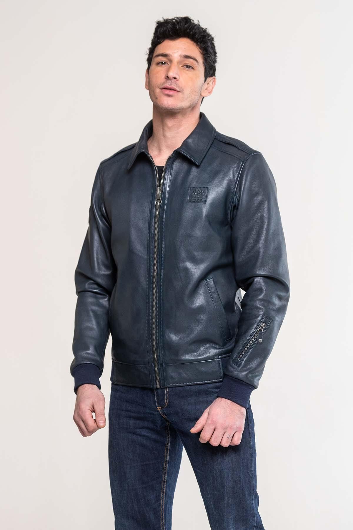 Jacky Ickx navy blue shirt collar sheepskin leather jacket - Image n°4