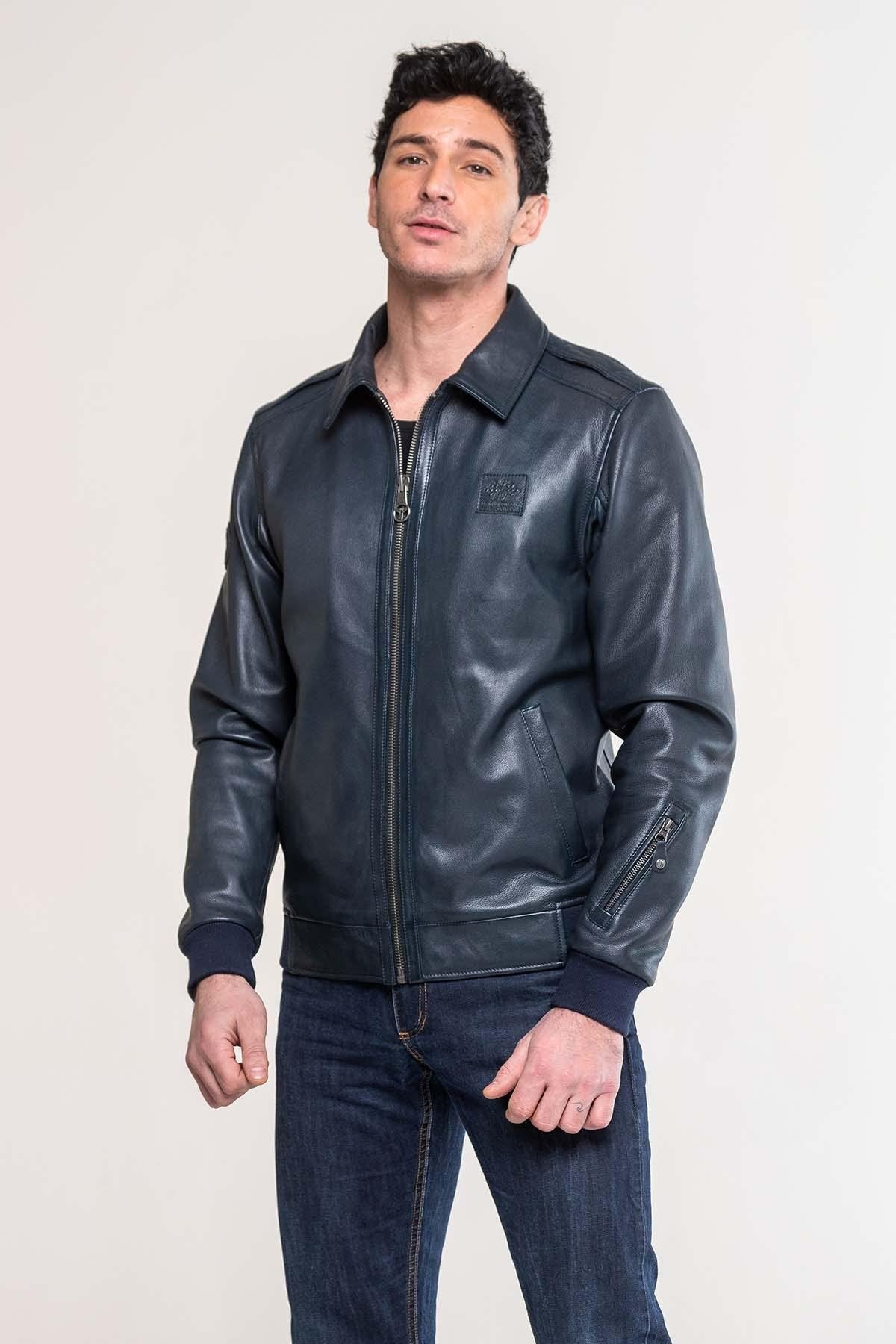 Jacky Ickx navy blue shirt collar sheepskin leather jacket - Image n°4