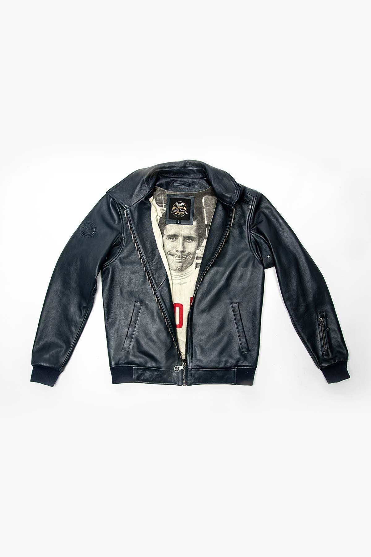 Jacky Ickx navy blue shirt collar sheepskin leather jacket - Image n°8