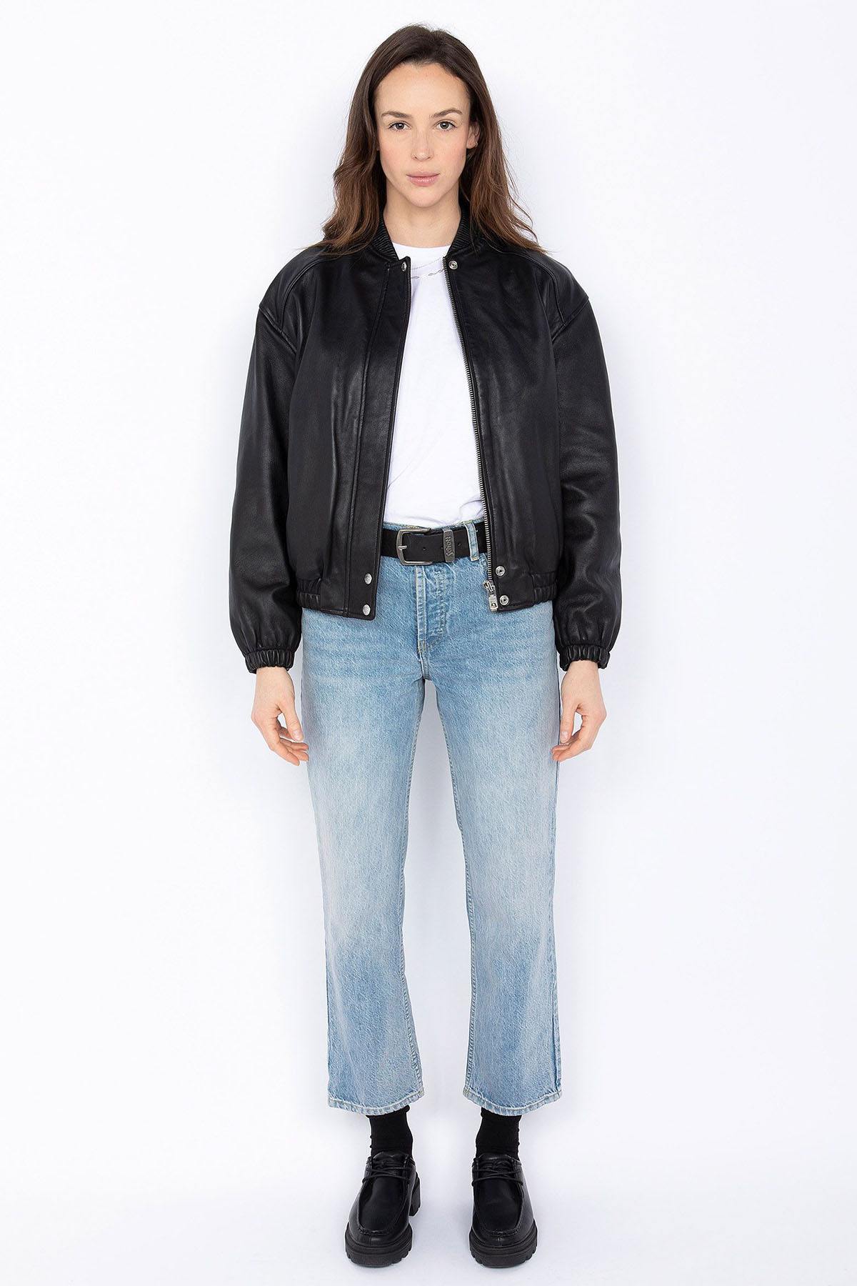 Women's black leather bomber jacket - Image n°3