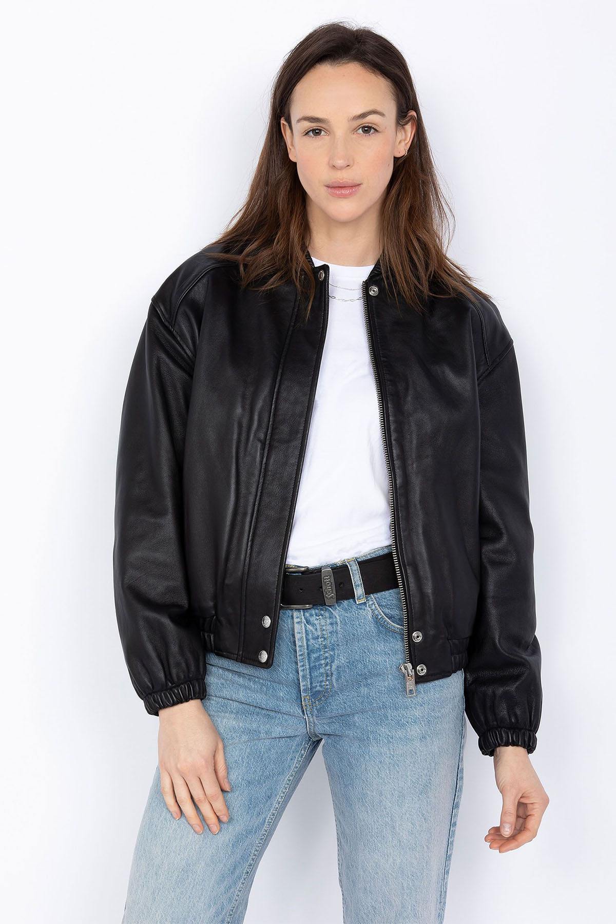 Women's black leather bomber jacket - Image n°1