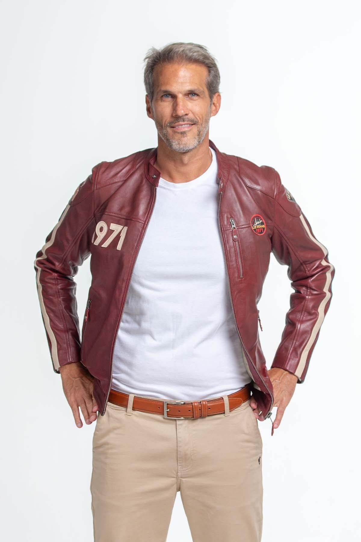 Red leather jacket with biker collar Steve McQueen Men - Image n°3