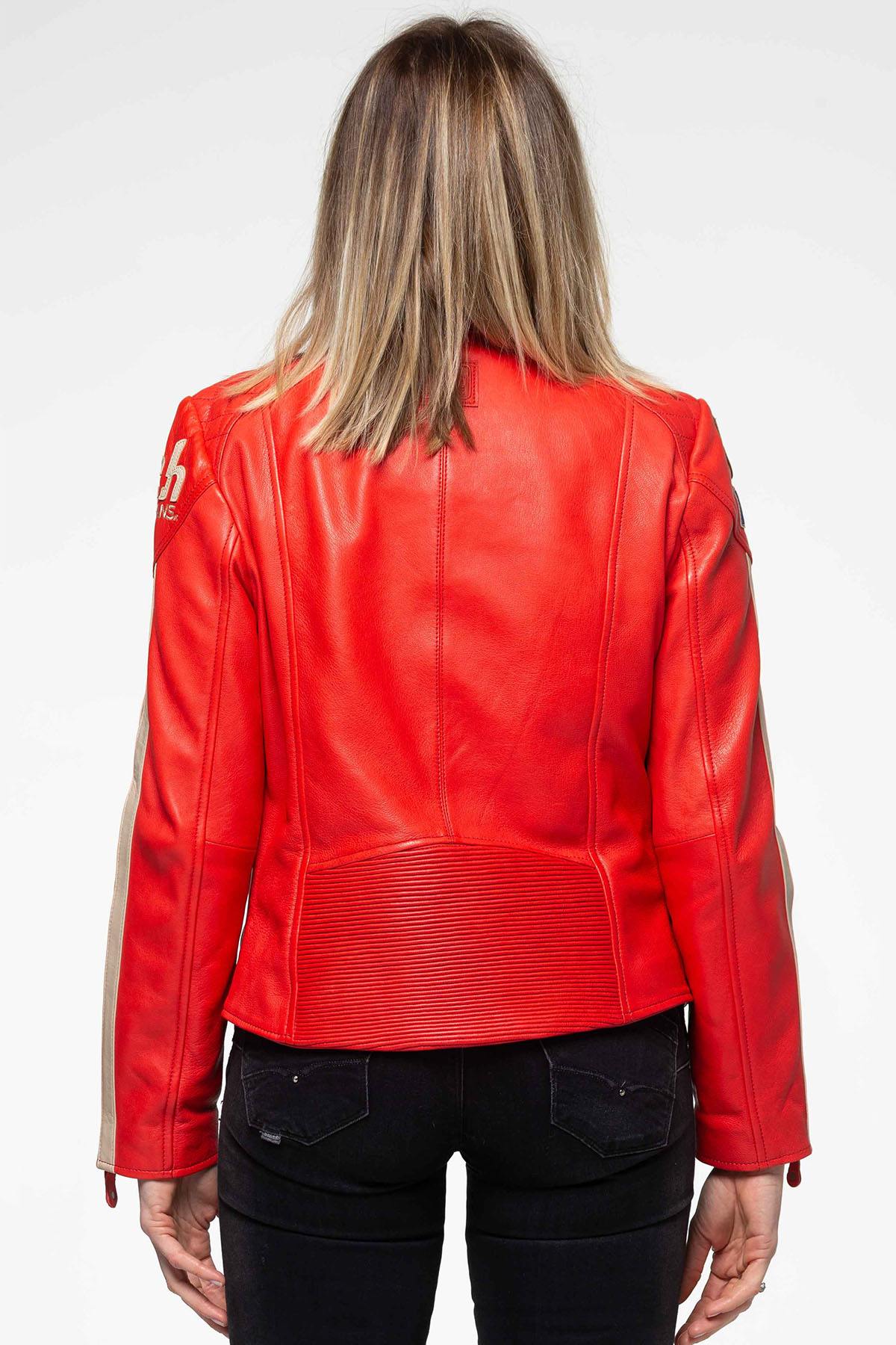 Red racing leather jacket with biker collar 24H Le Mans Woman - Image n°3