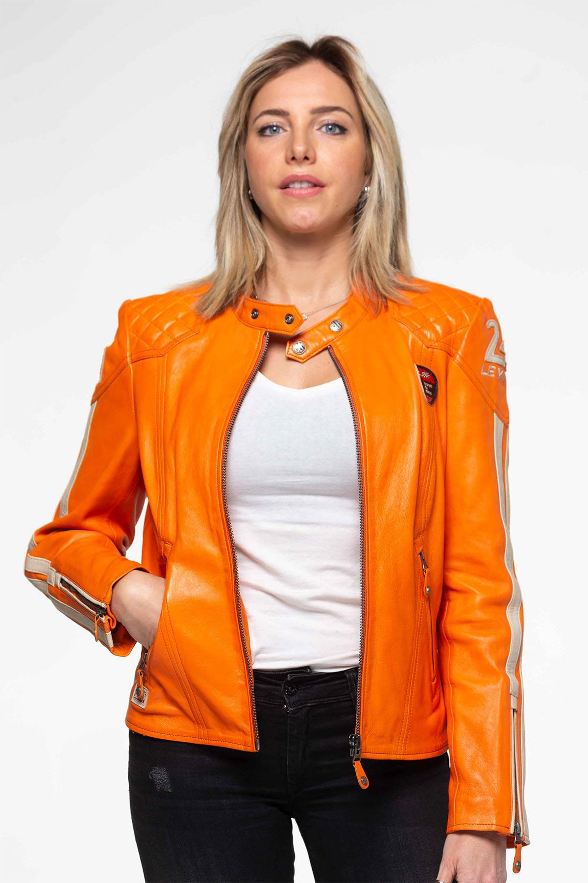 Orange leather jacket with biker collar Steve McQueen Women - Image n°3