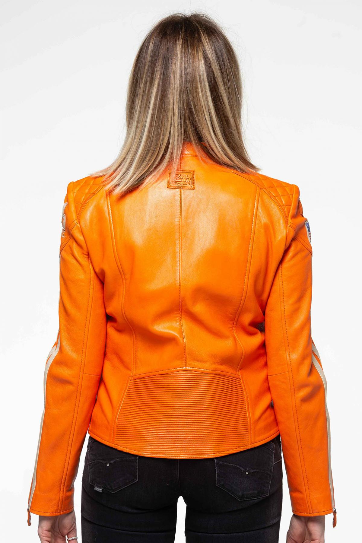 Orange leather jacket with biker collar Steve McQueen Women - Image n°4