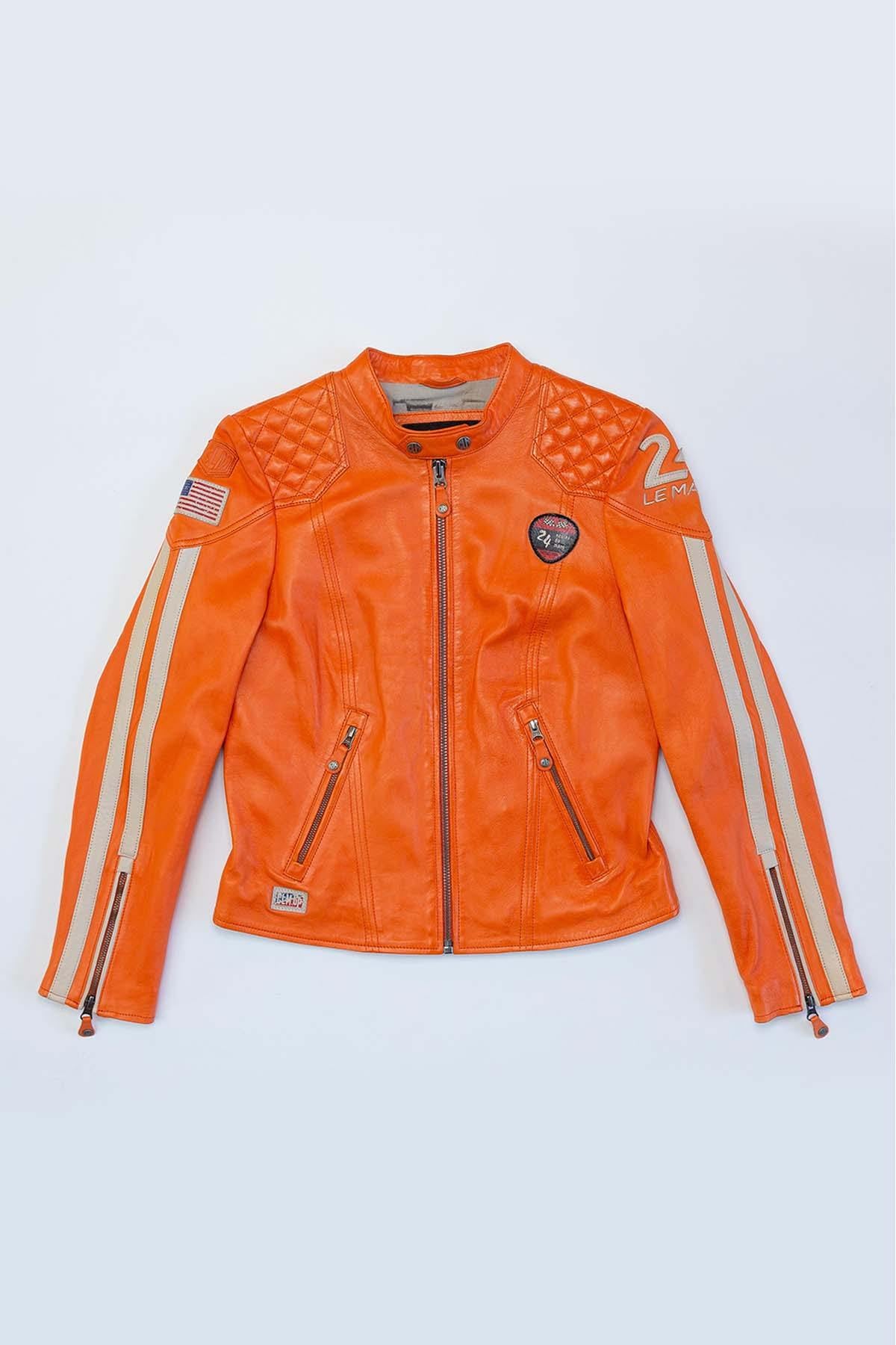 Orange leather jacket with biker collar Steve McQueen Women - Image n°2