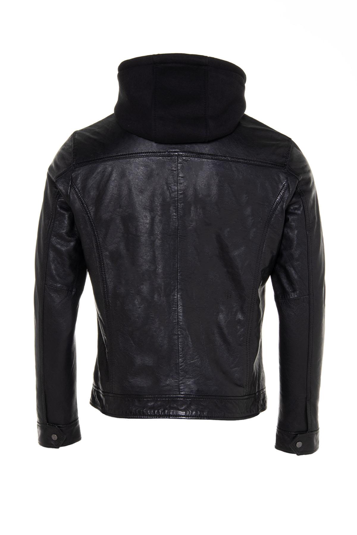 Black leather jacket with removable hood - Image n°10