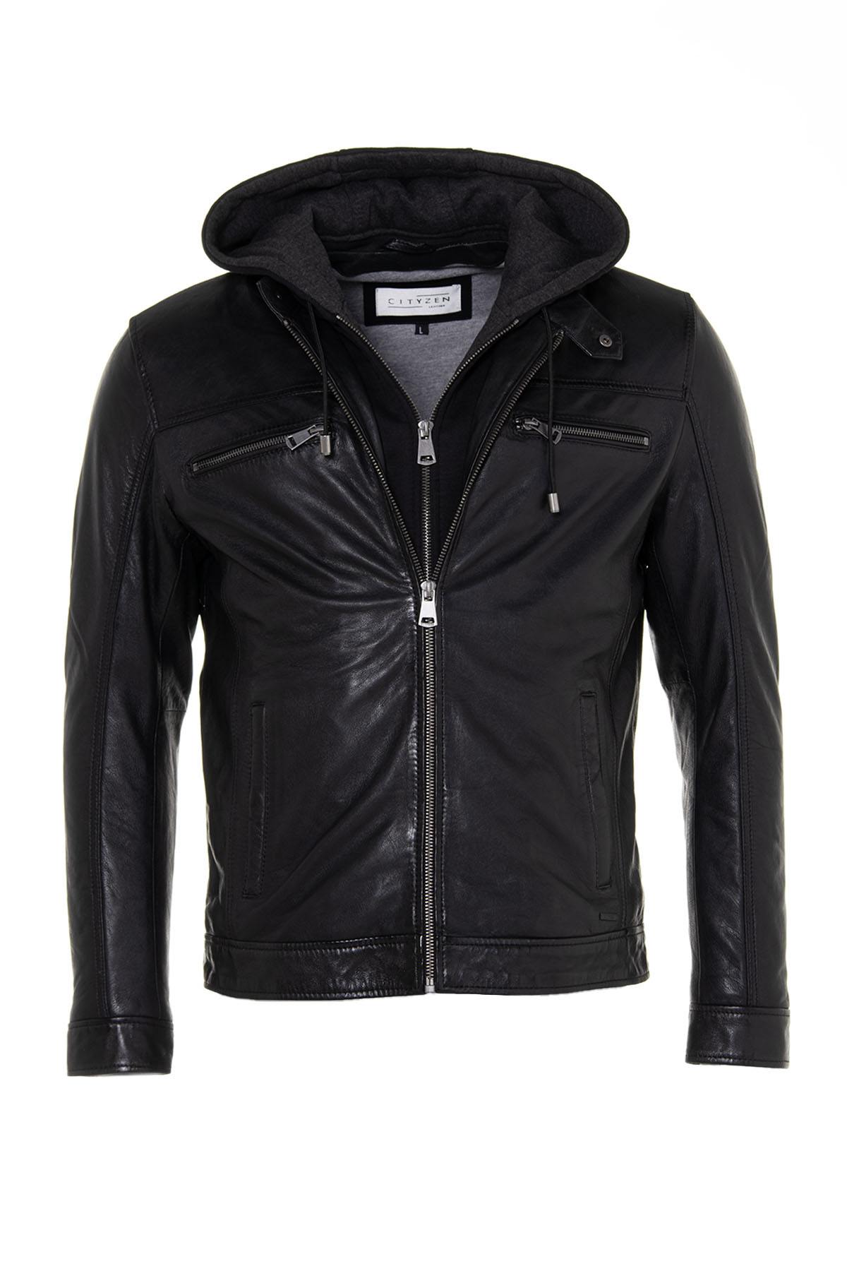 Black leather jacket with removable hood - Image n°7