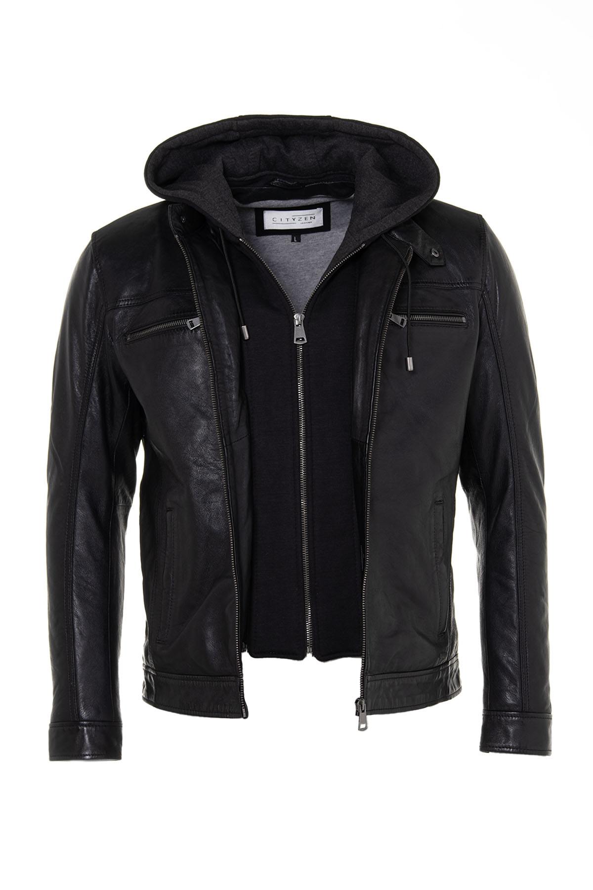 Black leather jacket with removable hood - Image n°3