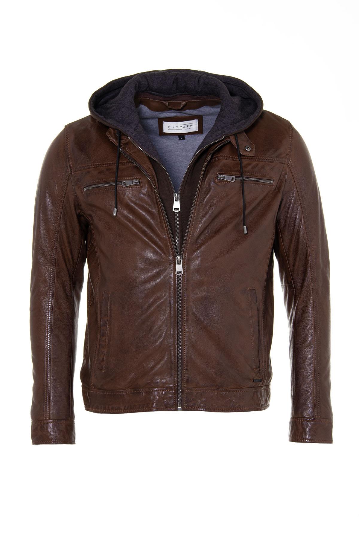 Brown leather jacket with hood - Image n°5