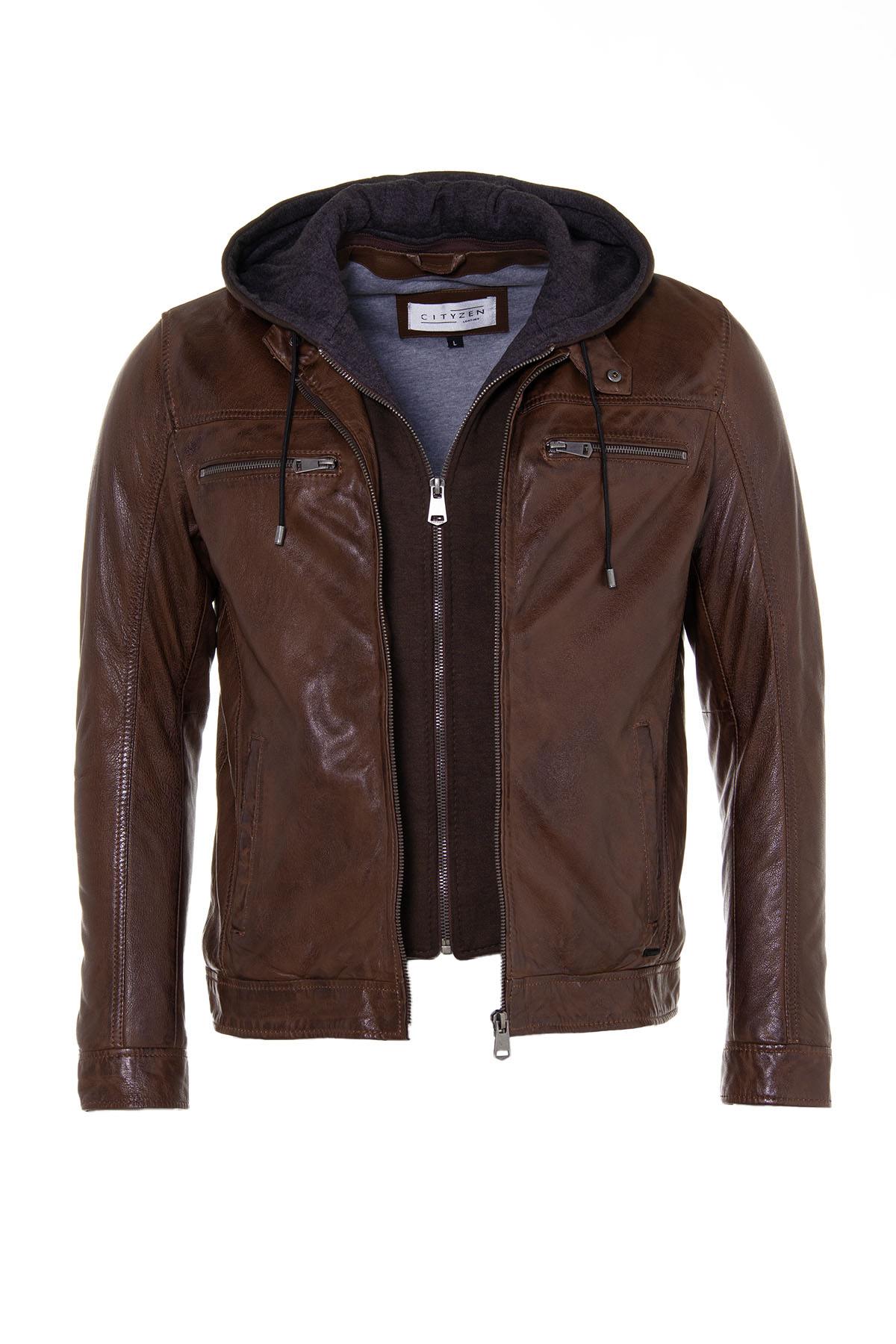 Brown leather jacket with hood - Image n°3