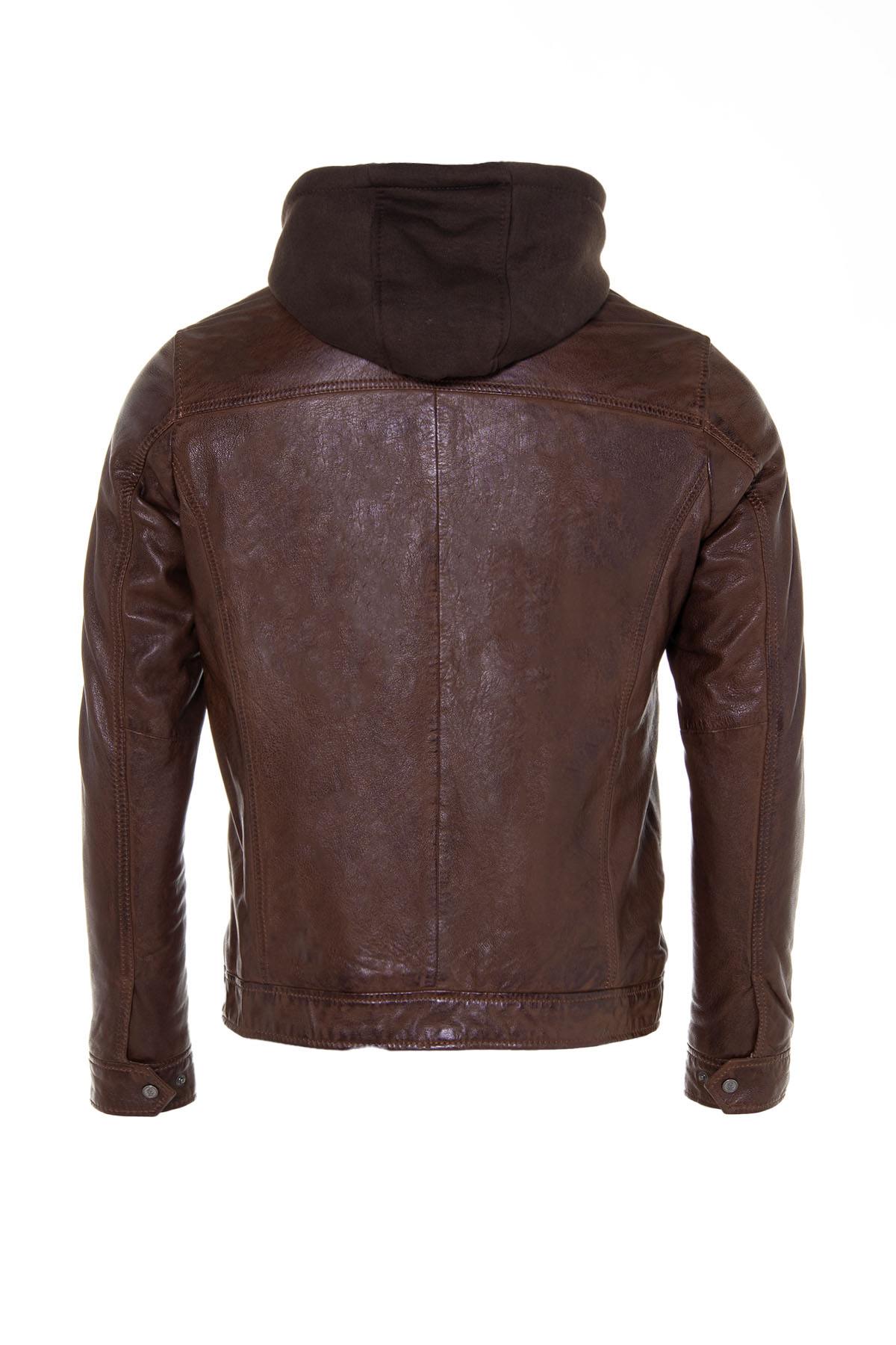 Brown leather jacket with hood - Image n°11