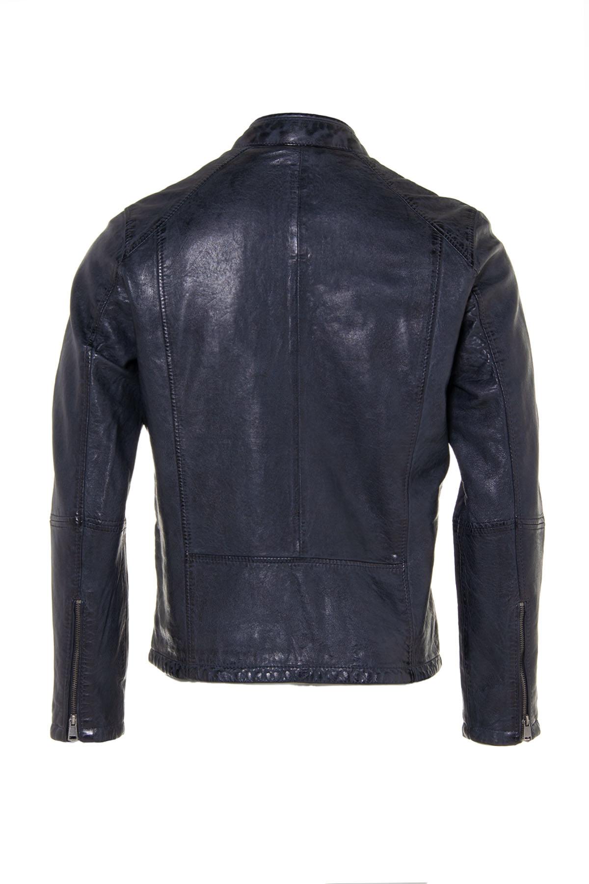 Navy blue vegetable leather jacket with biker collar - Image n°8