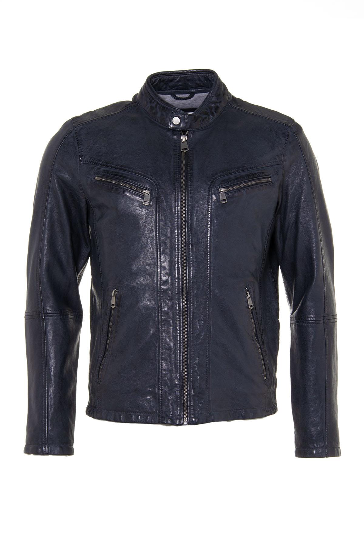 Navy blue vegetable leather jacket with biker collar - Image n°7