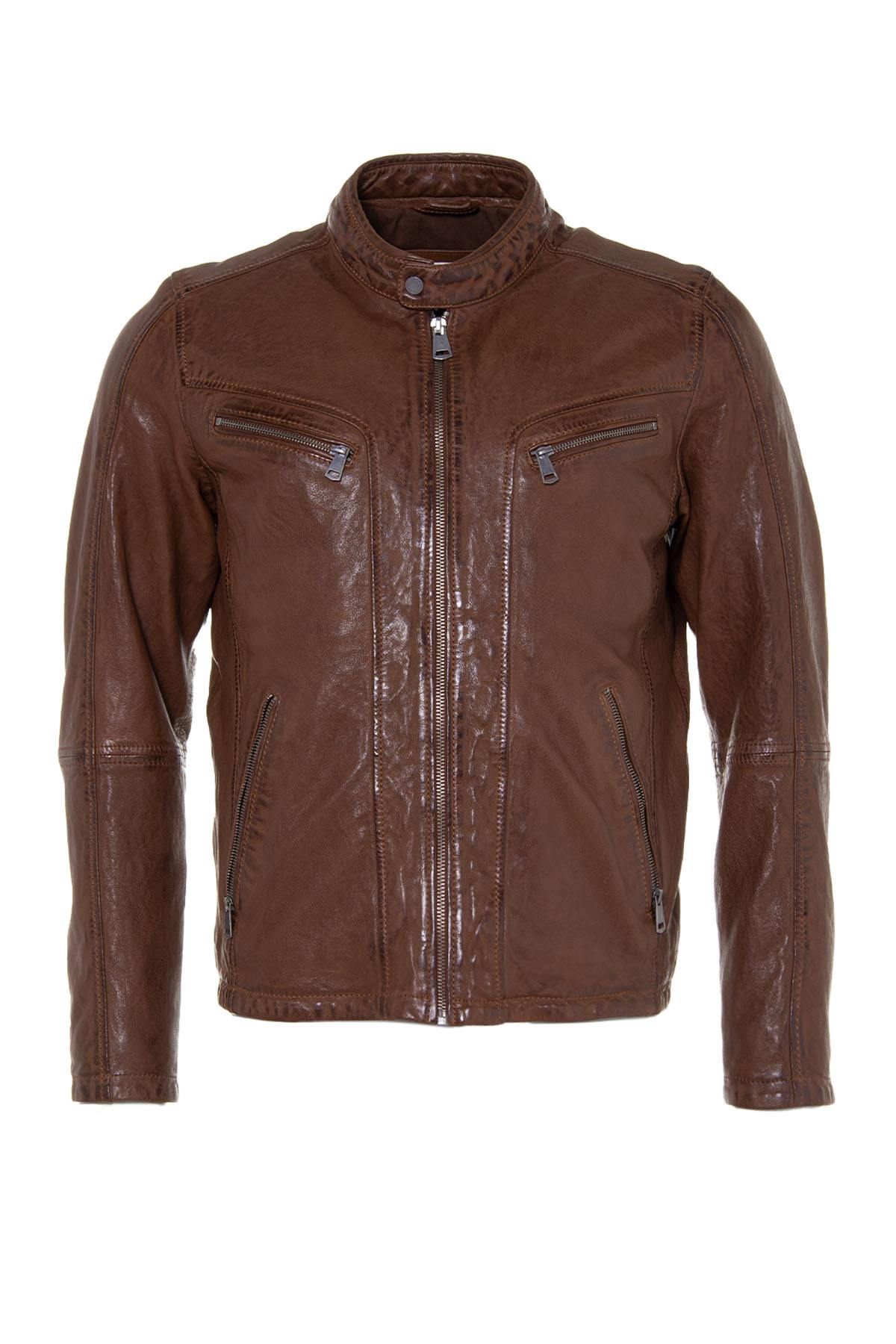 Brown vegetable leather jacket with biker collar - Image n°8