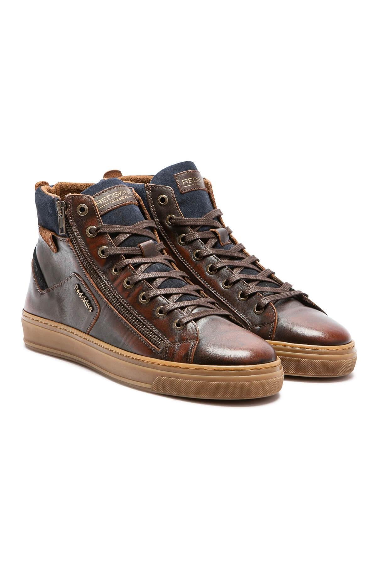 Navy blue brown leather sneakers - Image n°1