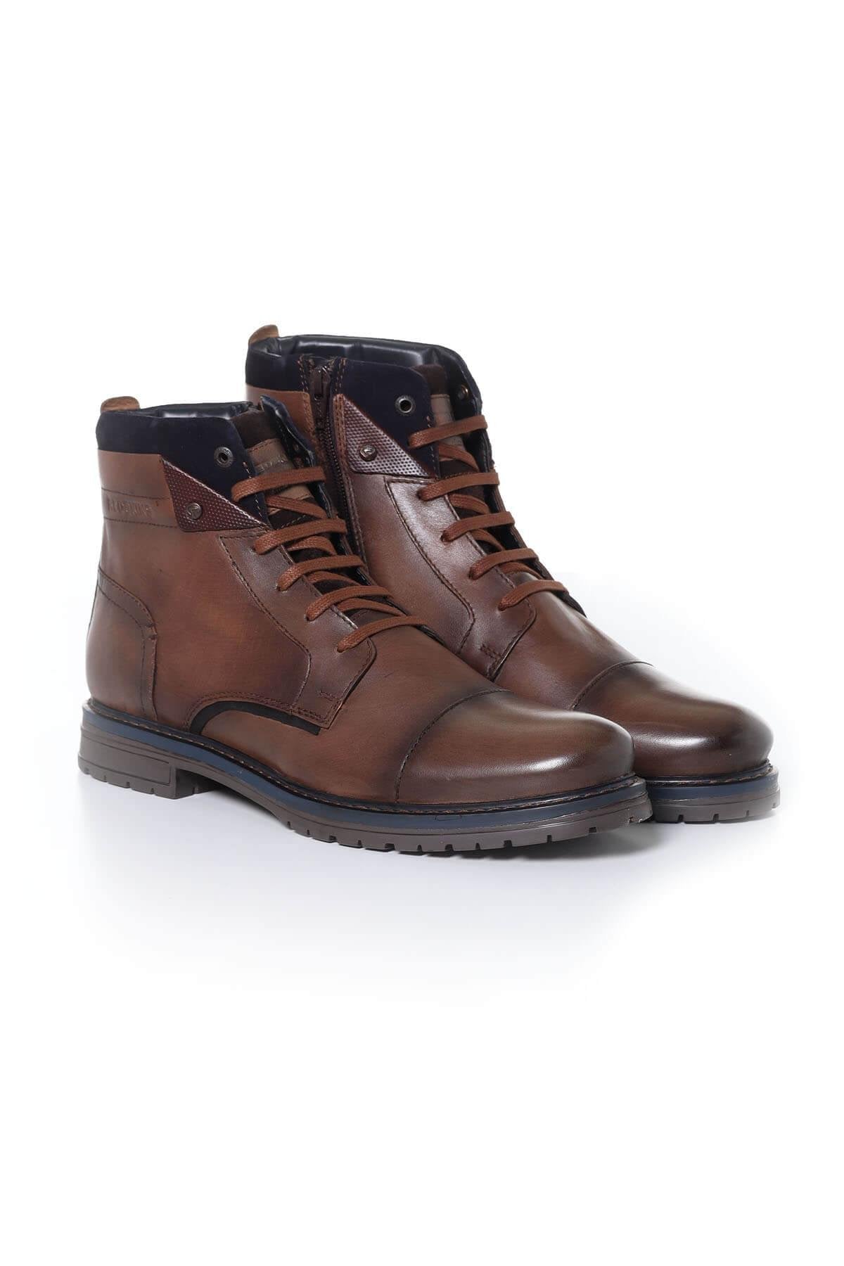 Men's navy blue cognac leather boots - Image n°1